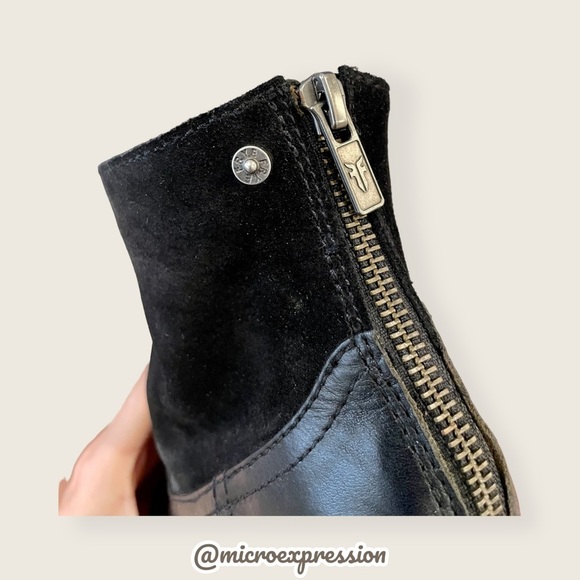 Frye Tessa Zip Short Black Suede Real Leather Zip Up Heeled Round Toe Ankle Boot - Picture 8 of 11